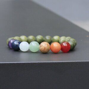 Hand Crafted ✦ Connemara Marble Chakra Bracelet ✦ 140ctw Stretch Beaded 9" Green